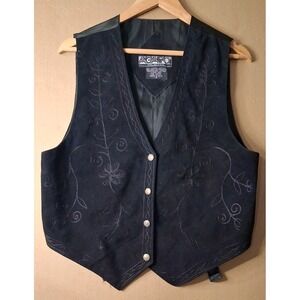 Vintage AGAPO Collection Women's Embroidered Suede Vest Black Sz Medium Tie Back